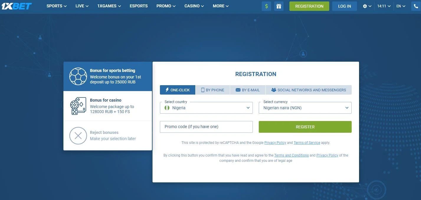 Registration on the official 1xBet website